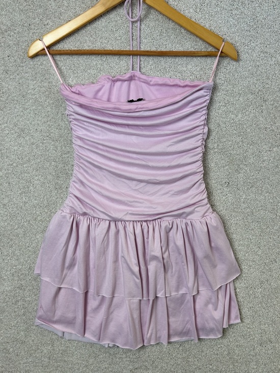 Hollister Strapless Halter Tiered Mini Dress with Skort in Light Pink / white - Picture 10 of 11